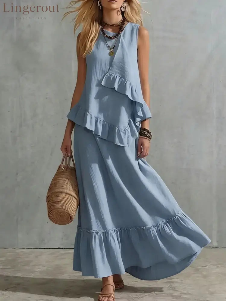 Asymmetrical Ruffle Sleeveless Textured Maxi Dress Flowy Loose Summer Resort Long Dress - Blue / S