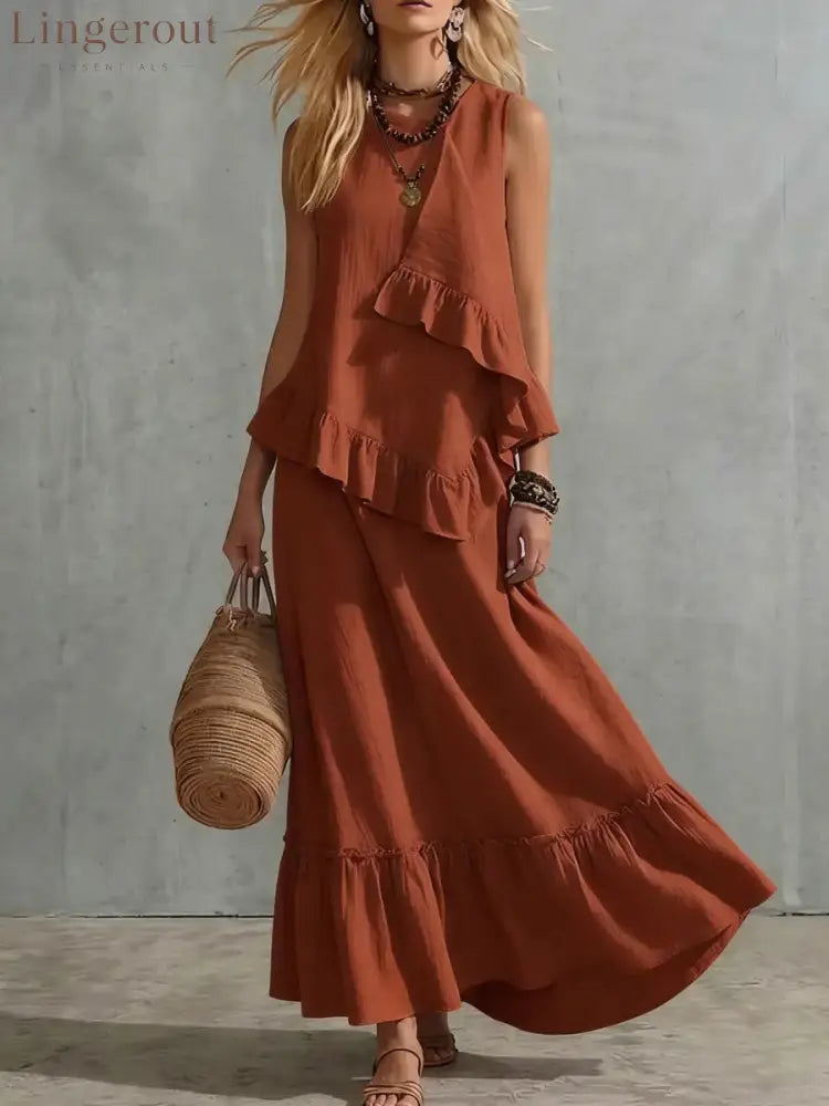 Asymmetrical Ruffle Sleeveless Textured Maxi Dress Flowy Loose Summer Resort Long Dress - Light brown / S