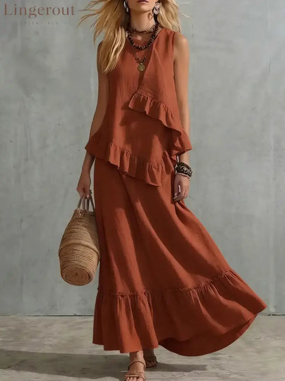 Asymmetrical Ruffle Sleeveless Textured Maxi Dress Flowy Loose Summer Resort Long Dress - Light brown / S