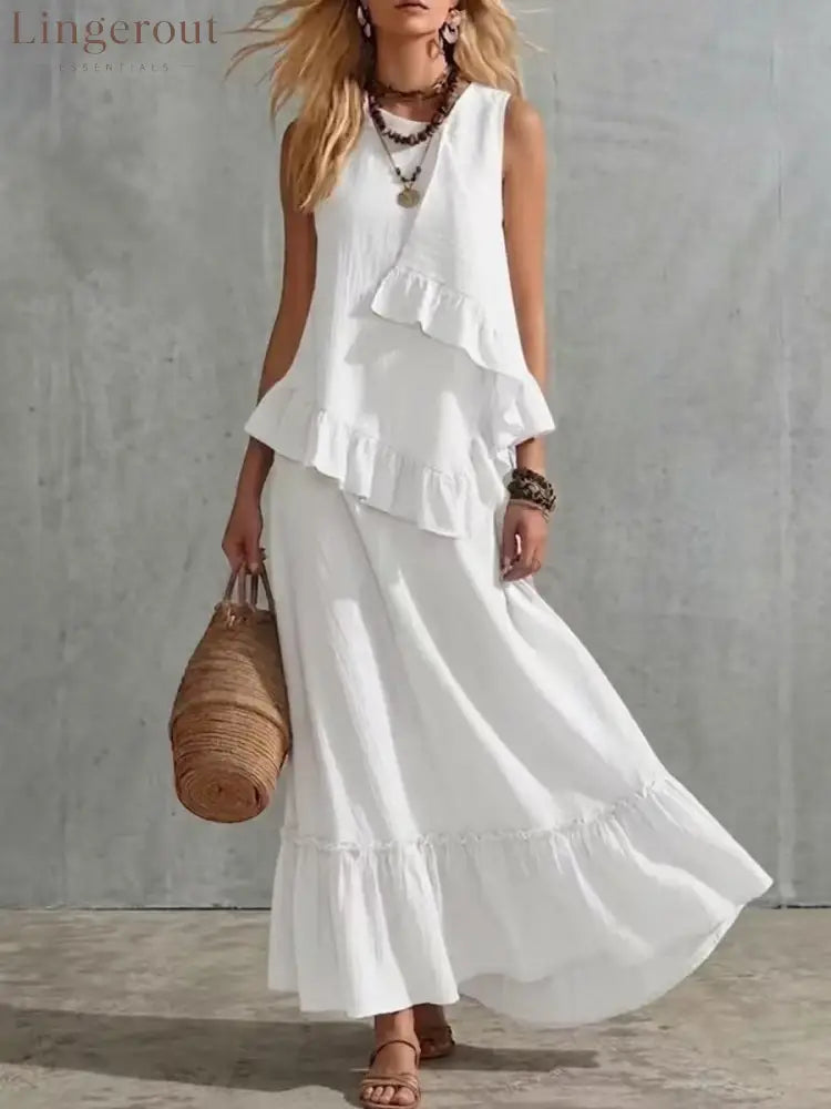 Asymmetrical Ruffle Sleeveless Textured Maxi Dress Flowy Loose Summer Resort Long Dress - White / S