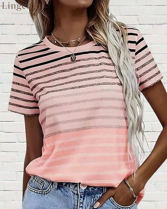 Aumora Round Neck Short Sleeve Striped T-Shirt - Pink / S