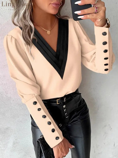 Autumn Fashion V-neck Solid Color Long Sleeve Button-up Shirt - Apricot / S