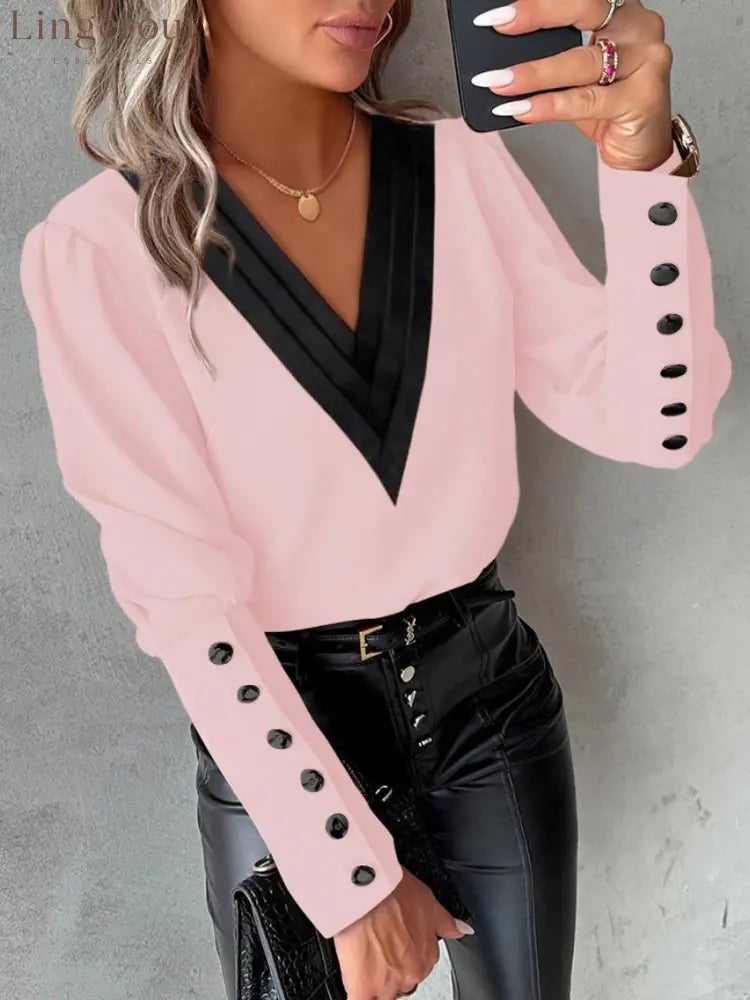 Autumn Fashion V-neck Solid Color Long Sleeve Button-up Shirt - Pink / S