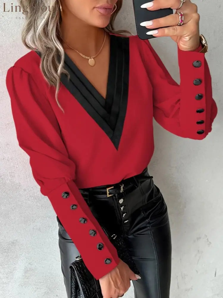Autumn Fashion V-neck Solid Color Long Sleeve Button-up Shirt - Red / S