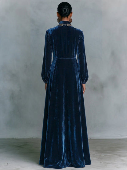 Women's Vintage Single-Breasted Velvet Maxi Dress