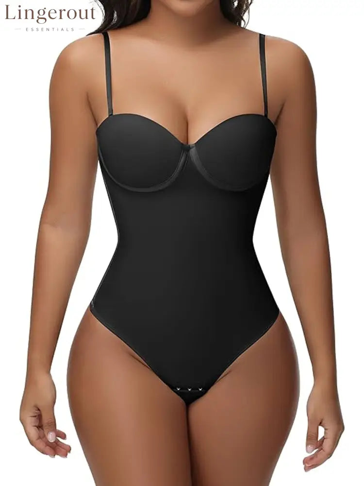 Back Lace-up Thong Seamless Shapewear Bodysuit - Black / XS
