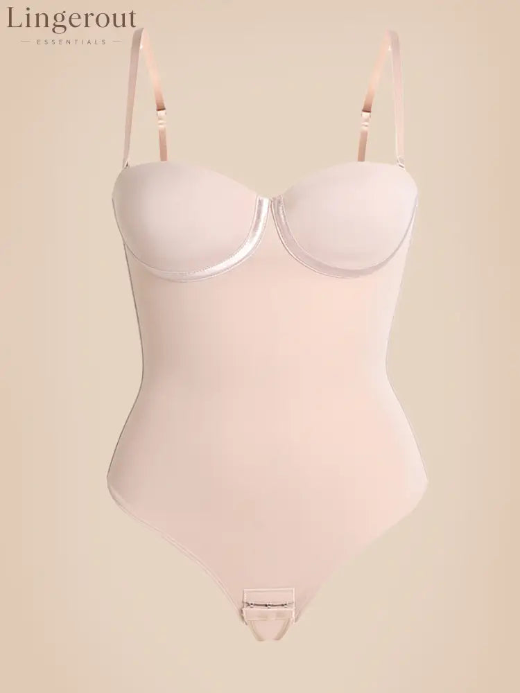 Back Lace-up Thong Seamless Shapewear Bodysuit - Tan / XS