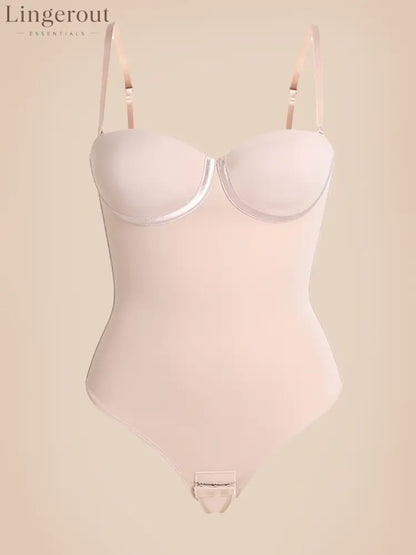 Back Lace-up Thong Seamless Shapewear Bodysuit - Tan / XS