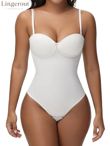 Back Lace-up Thong Seamless Shapewear Bodysuit - White / XS