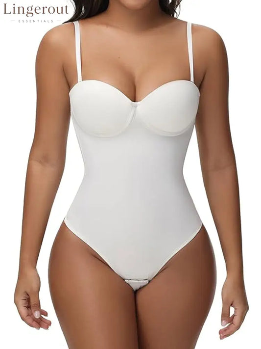 Back Lace-up Thong Seamless Shapewear Bodysuit - White / XS