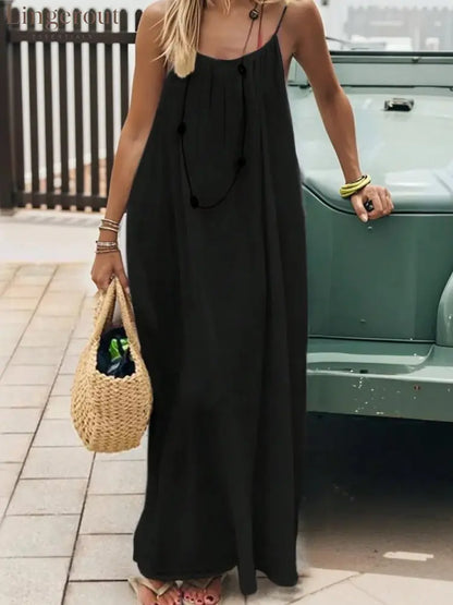 Backless Spaghetti Strap Maxi Dress - Black / S