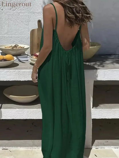 Backless Spaghetti Strap Maxi Dress - Forest Green / S