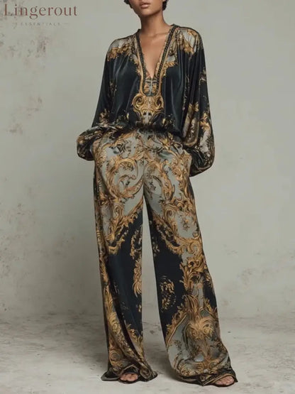 Baroque Ornate Floral Print Top And Wide-leg Trousers Casual Suit - Black / XS