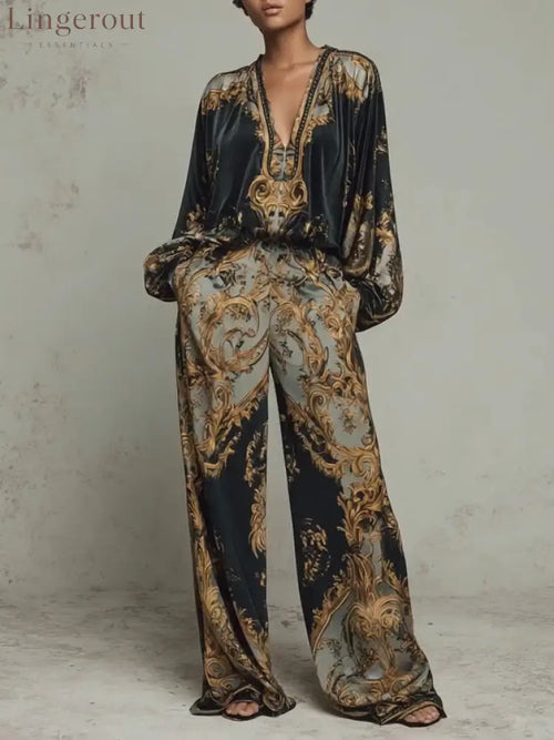 Baroque Ornate Floral Print Top And Wide-leg Trousers Casual Suit - Black / XS