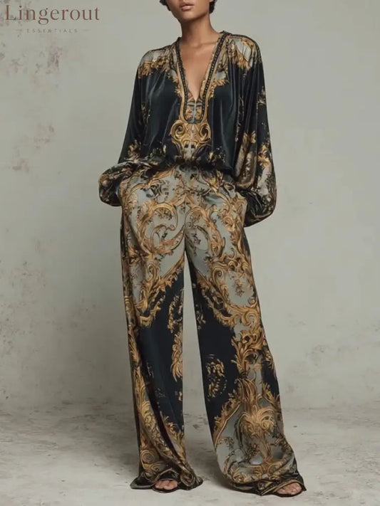 Baroque Ornate Floral Print Top And Wide-leg Trousers Casual Suit - Black / XS