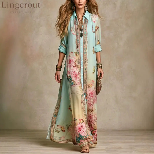 Baroque Style Floral Blue Chiffon Maxi Dress - Short Sleeve Maxi Dress