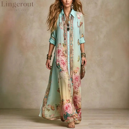 Baroque Style Floral Blue Chiffon Maxi Dress - Blue / XS - Short Sleeve Maxi Dress