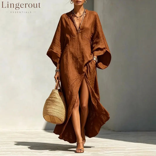 Batwing Sleeve Slit Linen Vacation Maxi Dress