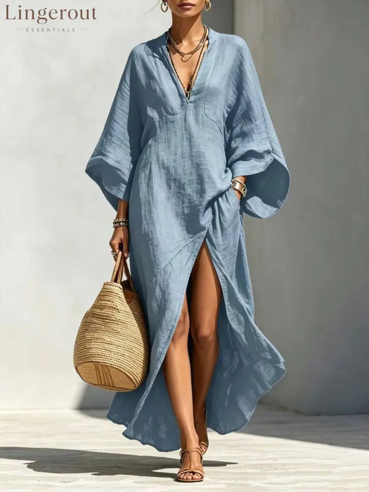 Batwing Sleeve Slit Linen Vacation Maxi Dress - Light blue / S