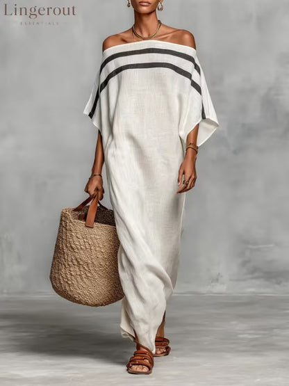 Stripe Off Shoulder Batwing Linen Maxi Kaftan Dress