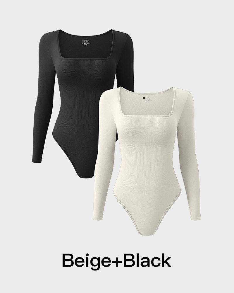 Hugmecurve® Ribbed Square Neck Long Sleeve Bodysuit