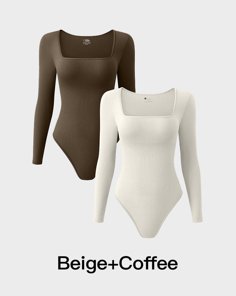 Hugmecurve® Ribbed Square Neck Long Sleeve Bodysuit