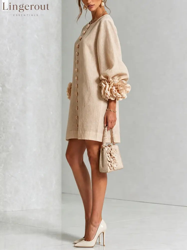 Beige Floral Button-down Mini Dress With Striking Floral Cuffs