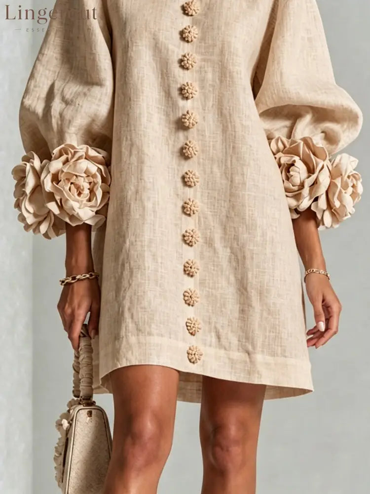 Beige Floral Button-down Mini Dress With Striking Floral Cuffs