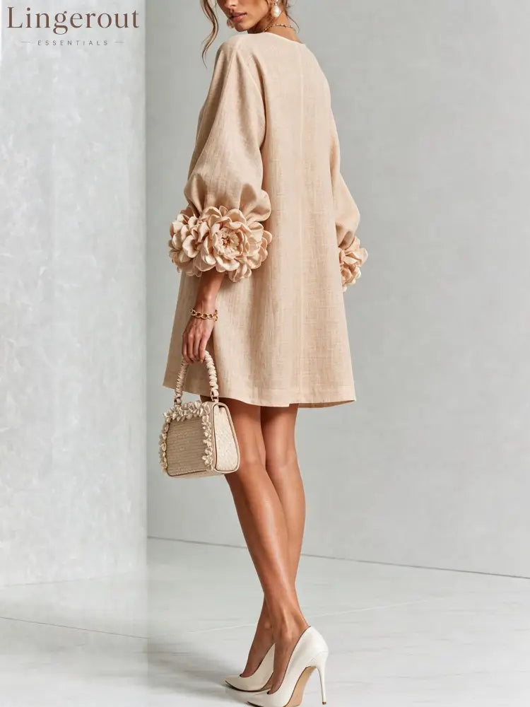 Beige Floral Button-down Mini Dress With Striking Floral Cuffs