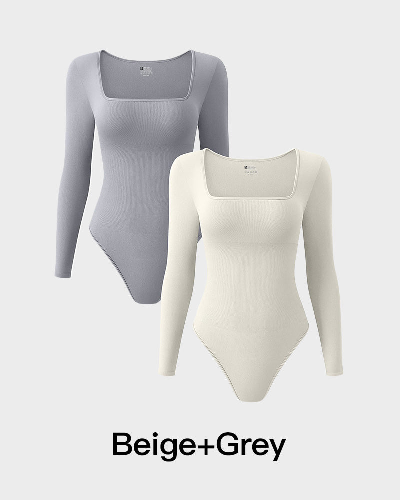 Hugmecurve® Ribbed Square Neck Long Sleeve Bodysuit