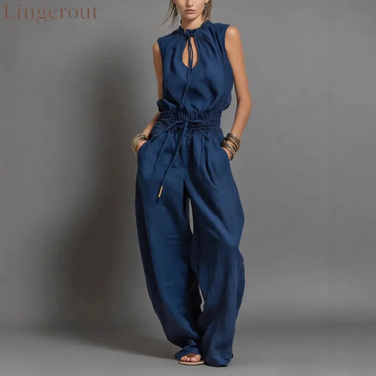 Beige Linen-Blend Smocked-Waist Jumpsuit