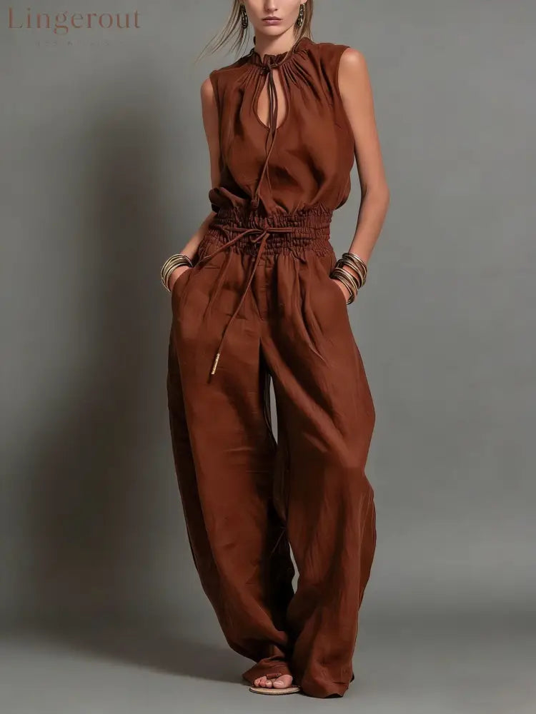 Beige Linen-Blend Smocked-Waist Jumpsuit - Brown / S