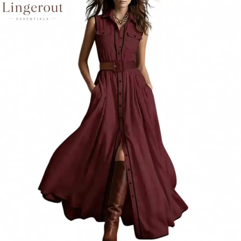 Belted Contrast Piping Maxi Shirt Dress - Burgundy / S