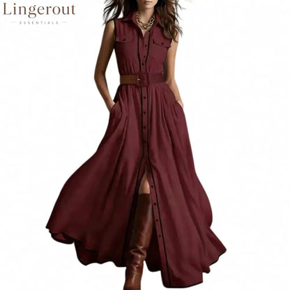 Belted Contrast Piping Maxi Shirt Dress - Burgundy / S