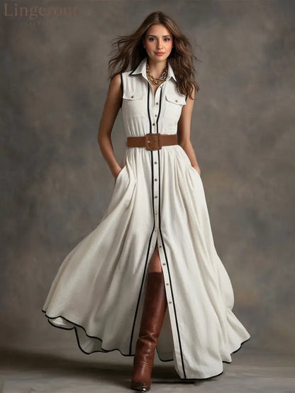 Belted Contrast Piping Maxi Shirt Dress - White / S