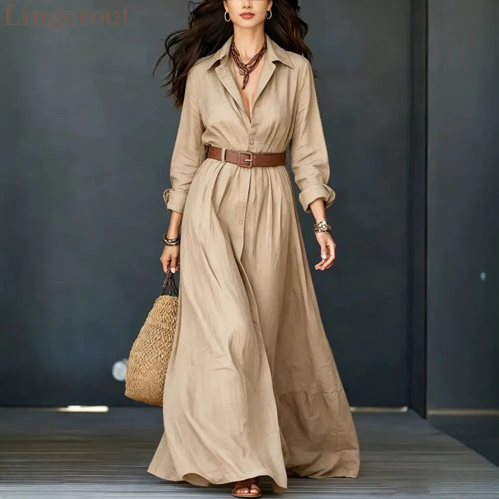 Belted Linen‑Blend Shirt Maxi Dress