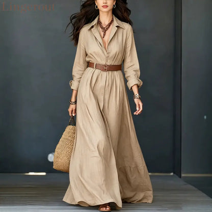 Belted Linen‑Blend Shirt Maxi Dress