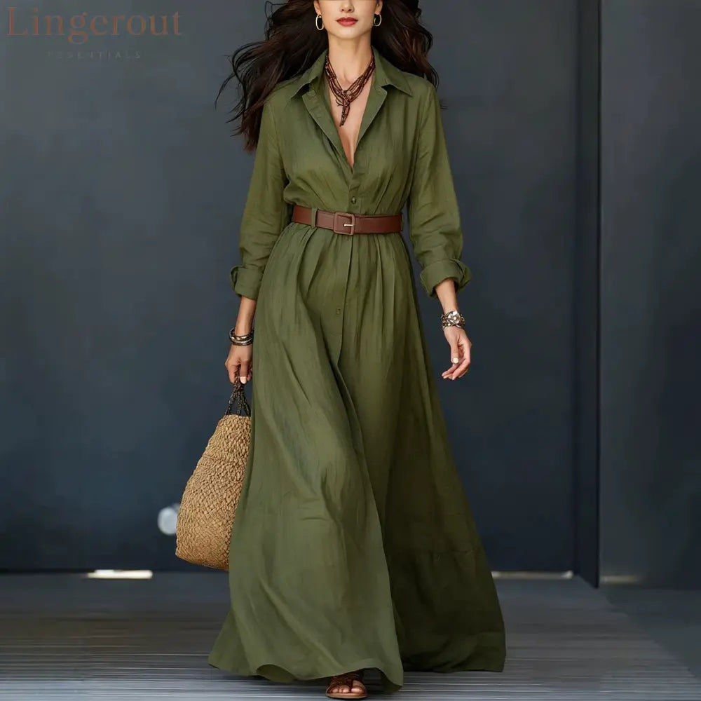 Belted Linen‑Blend Shirt Maxi Dress