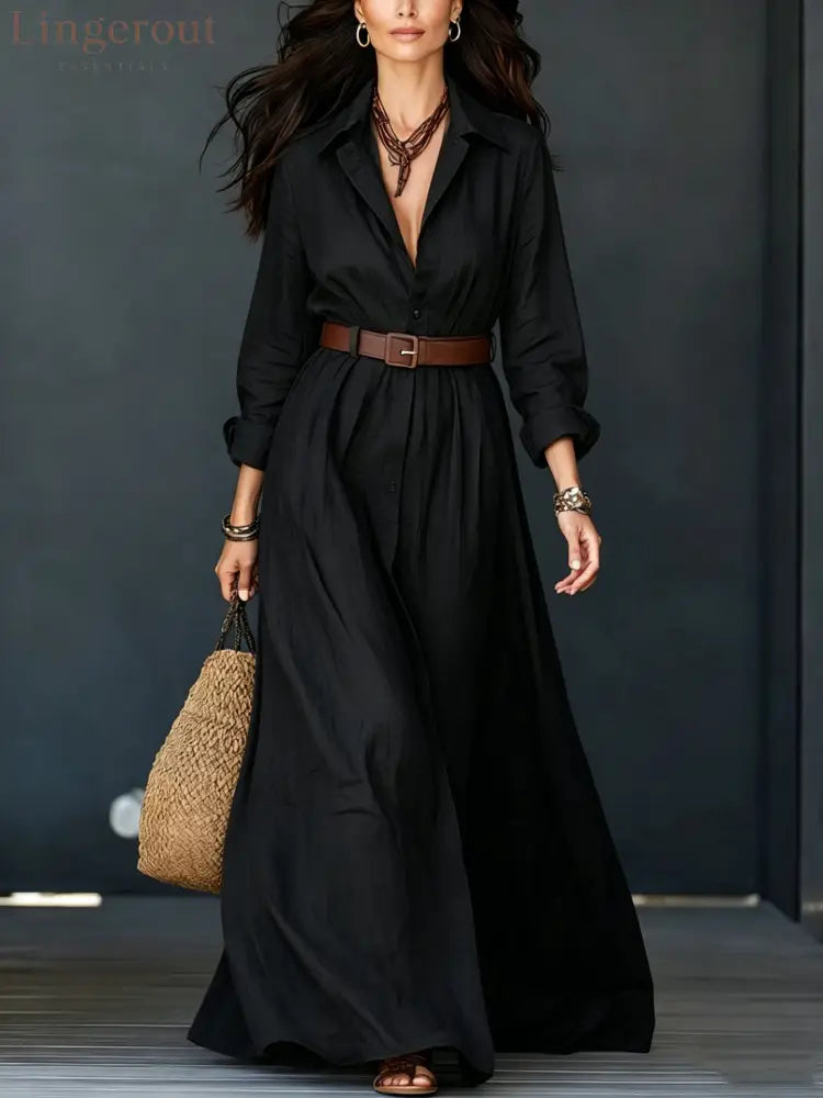 Belted Linen‑Blend Shirt Maxi Dress - Black / S