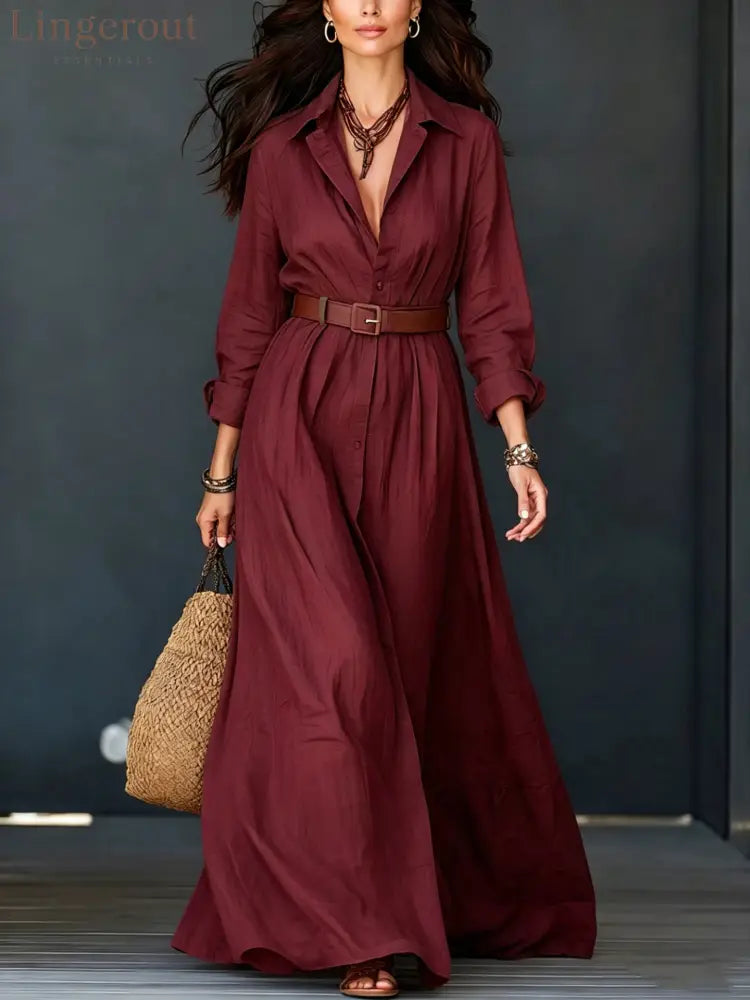 Belted Linen‑Blend Shirt Maxi Dress - Claret / S