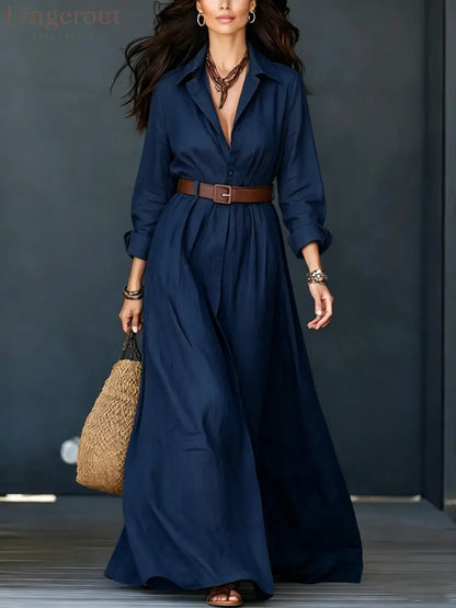 Belted Linen‑Blend Shirt Maxi Dress - Dark blue / S