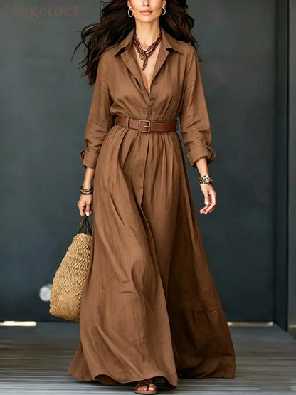 Belted Linen‑Blend Shirt Maxi Dress - Dark brown / S
