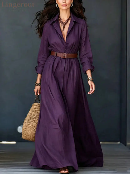 Belted Linen‑Blend Shirt Maxi Dress - Purple / S