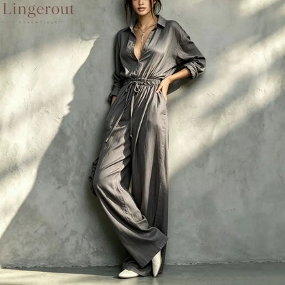 Belted Shirt & Wide Pants Matching Set - Grey / XS
