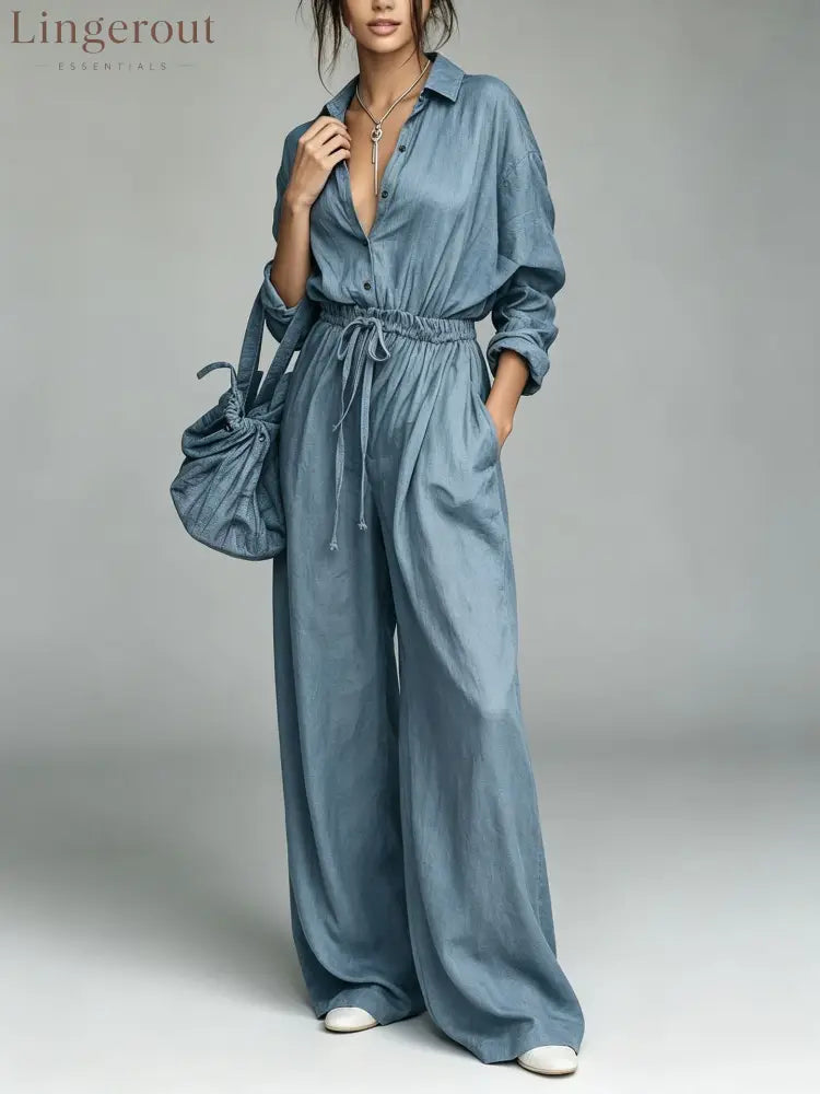 Belted Shirt & Wide Pants Matching Set - Haze blue / XS