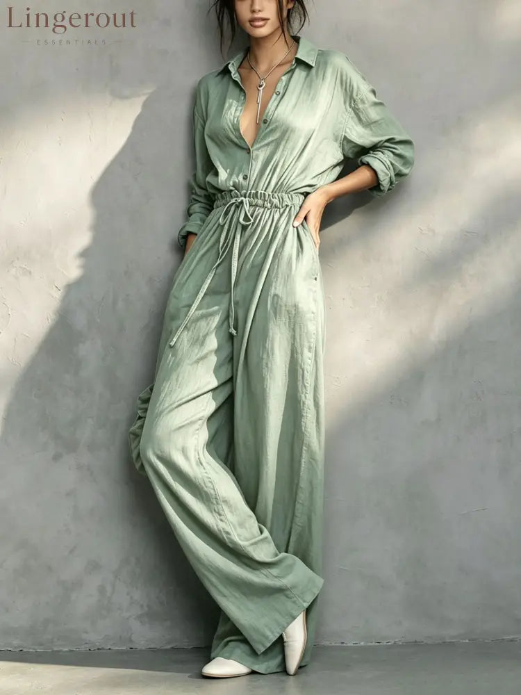 Belted Shirt & Wide Pants Matching Set - Light green / XS