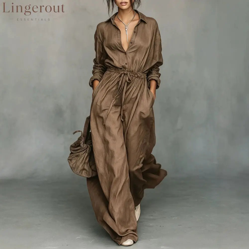 Belted Shirt & Wide Pants Matching Set - Mocha brown / XS