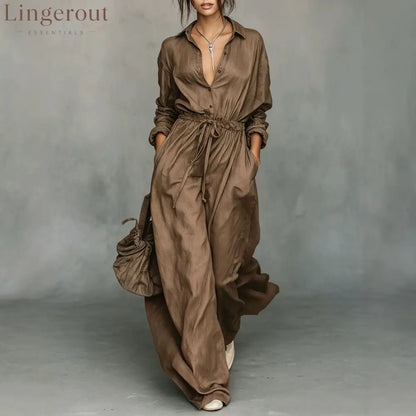 Belted Shirt & Wide Pants Matching Set - Mocha brown / XS