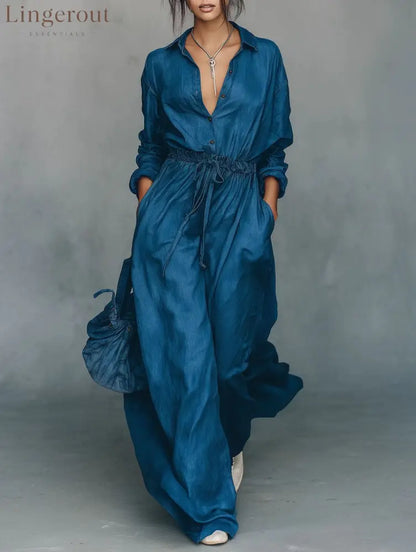 Belted Shirt & Wide Pants Matching Set - Peacock blue / XS