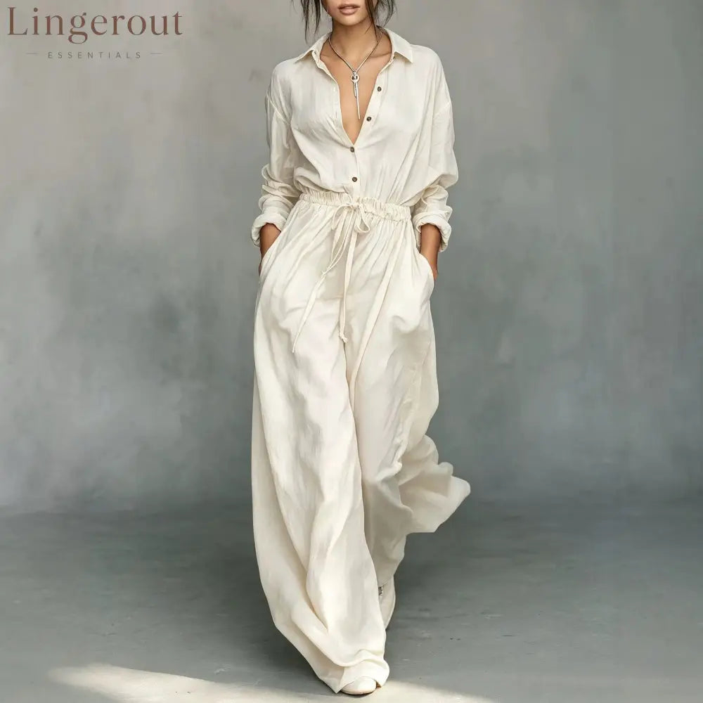 Belted Shirt & Wide Pants Matching Set - White / XS
